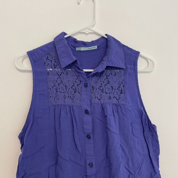 MAURICES Purple Floral Lace Panels Collared Button Down Twee 2012 Tank Blouse - Picture 2 of 15